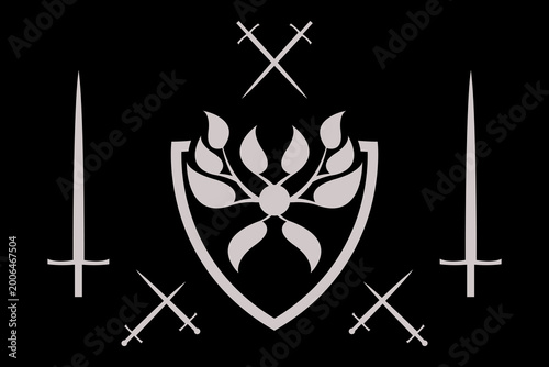 This heraldic emblem combines a central shield with four swords and a stylized laurel wreath, symbolizing protection, honor, and victory.
