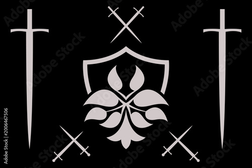 This heraldic emblem combines a central shield with four swords and a stylized laurel wreath, symbolizing protection, honor, and victory.