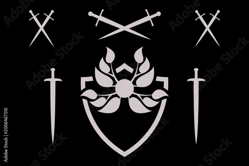 This heraldic emblem combines a central shield with four swords and a stylized laurel wreath, symbolizing protection, honor, and victory.