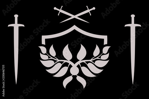This heraldic emblem combines a central shield with four swords and a stylized laurel wreath, symbolizing protection, honor, and victory.