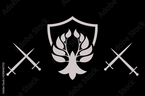 This heraldic emblem combines a central shield with four swords and a stylized laurel wreath, symbolizing protection, honor, and victory.