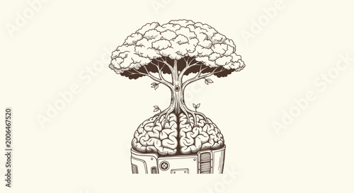 Obraz na płótnie Vintage hand drawn engraving of a tree growing from a human brain inside a robot