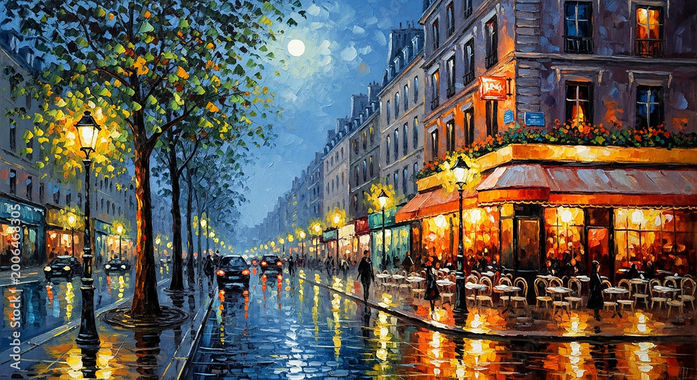 Fototapeta premium Parisian street cafe at night after rain, reflecting lights