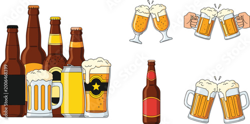 Schilderij op canvas Beer Bottles, Glasses, and Cheers Vector Set for Party, Pub, and Beverage Celebr