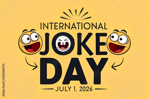 Bright yellow graphic illustration featuring an expressive animated face surrounded by stylized text that celebrates international joke day while highlighting the hilarious spirit of humor and laughte