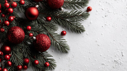 Christmas corner border with red ornaments on textured white background. Holiday concept.