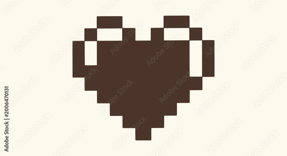 Fototapeta premium Retro Brown Pixel Art Heart Icon Isolated on Light Background for 8-bit Video Game Design Style