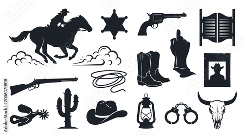 Wild West Cowboy Icons Set - Black and White Silhouette Collection of Western Elements