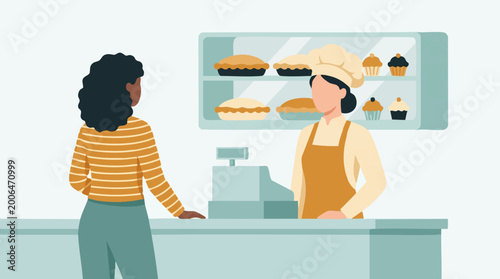 Obraz na płótnie Woman buying baked goods from a baker in a minimalist bakery shop