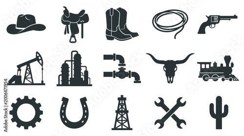 Texas Western Oil and Gas Glyph Icons Set. Cowboy, Ranch, Energy, and Industrial Symbols Collection.