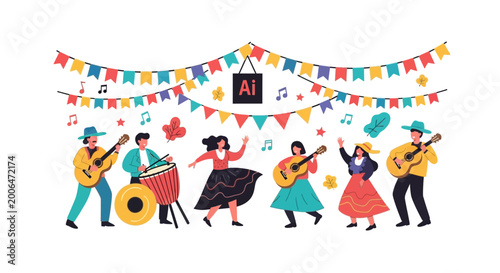 Folk music band and dancers performing at a festival illustration