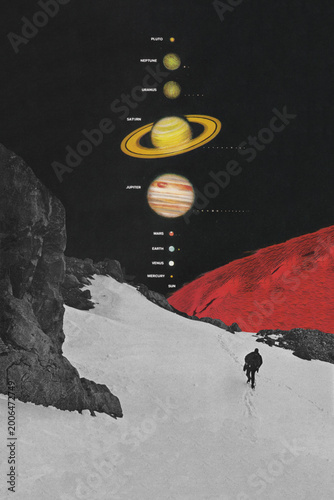 Canvas Print Pluto and the Solar System unfold across a snowy mountain landscape as a surreal