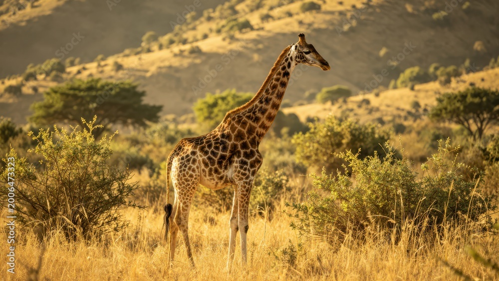 Obraz premium Giraffe Grazing in Dry Savanna Landscape