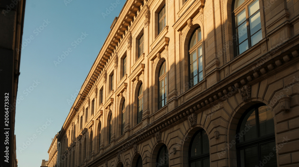 Fototapeta premium Classic european building facade at sunset with golden sunlight hitting stone walls and arched windows showing ornate architectural details of historic urban landmark in city center under blue sky.