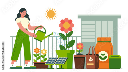 Sustainable Urban Gardening Scene with Solar Panels