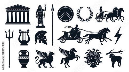 Ancient Greek Mythology  History Vector Icons Set. Gods, Creatures, and Culture Glyph Silhouettes.