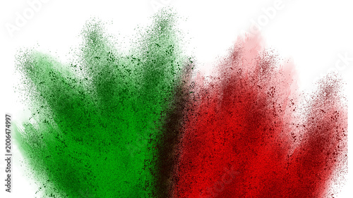 colorful portuguese flag green red color holi paint powder explosion isolated white background. portugal europe qatar celebration soccer travel tourism concept
