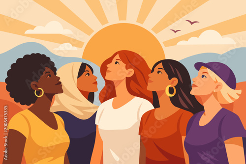 International Women's Day March 8th vector banner featuring diverse women of different nationalities and skin colors standing together, empowering female empowerment and global unity celebration.