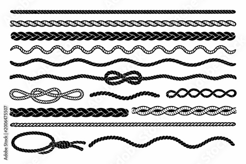 Set of rope string patterns and braid line wavy borders made of brush decorative cowboy or nautical sailor knit cord frames and dividers isolated on white background vector illustration set art.