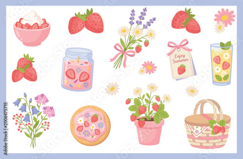 Vector set of summer objects on strawberry theme in pastel colors. Strawberry, flower in a pot, bouquet of wild flowers. Soft, cheerful style, hand-drawn, in delicate colors.
