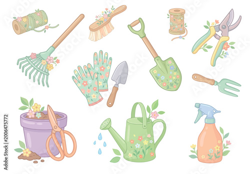 A set of garden tools and accessories decorated with flowers. Shovel, rake, pitchfork, watering can, gloves, scissors, flower pot. For gardening, organic products, and eco-friendly brands.