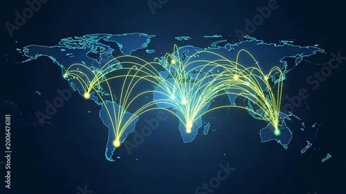 Glowing yellow data connection lines across a blue world map background