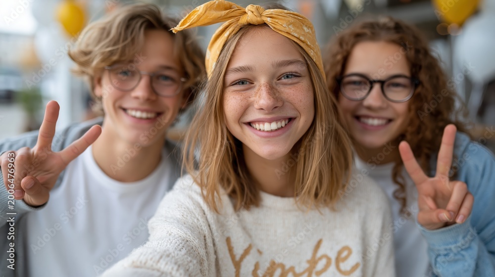 Fototapeta premium Three cheerful friends share a joyful moment as they take a selfie, capturing the essence of friendship and laughter in a vibrant, lively environment.