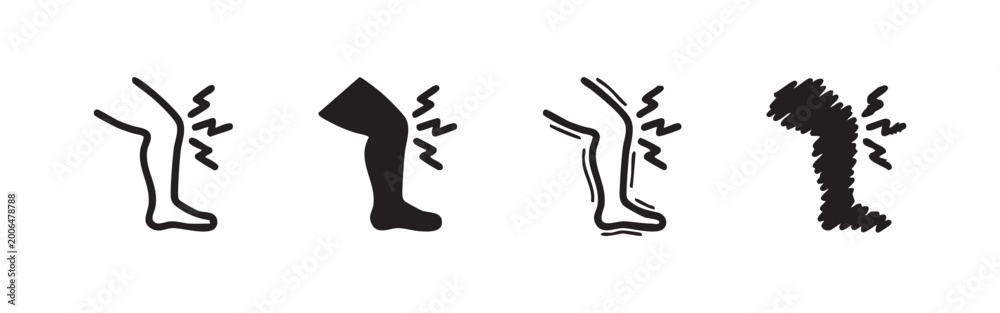 Naklejka premium Leg pain and injury icon set depicting discomfort or medical issue in the lower body