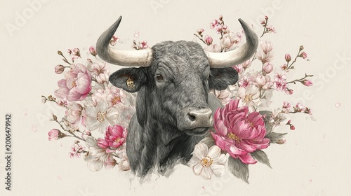 Bull zodiac symbol and blooms sit on a white canvas.