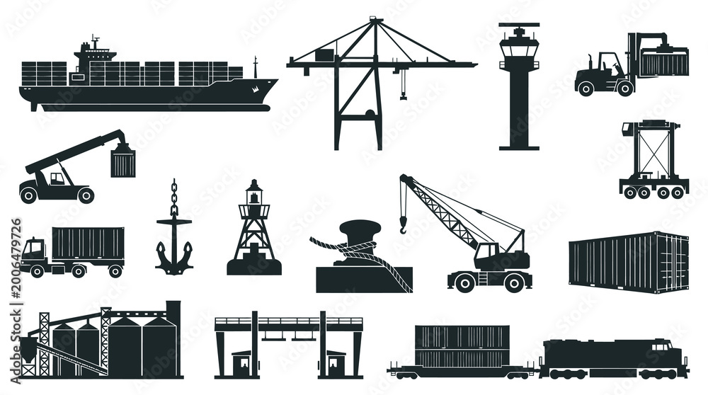 Obraz premium Shipping and Logistics Icons: Container Ship, Crane, Forklift, Truck, Train, Dock