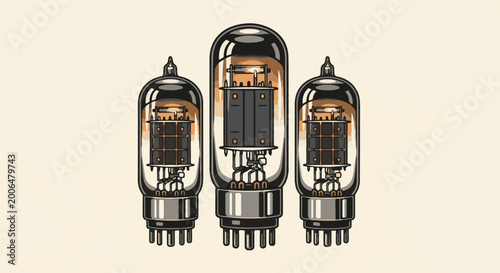 Vintage vacuum tubes lined up, showcasing internal glowing filaments and grid structures