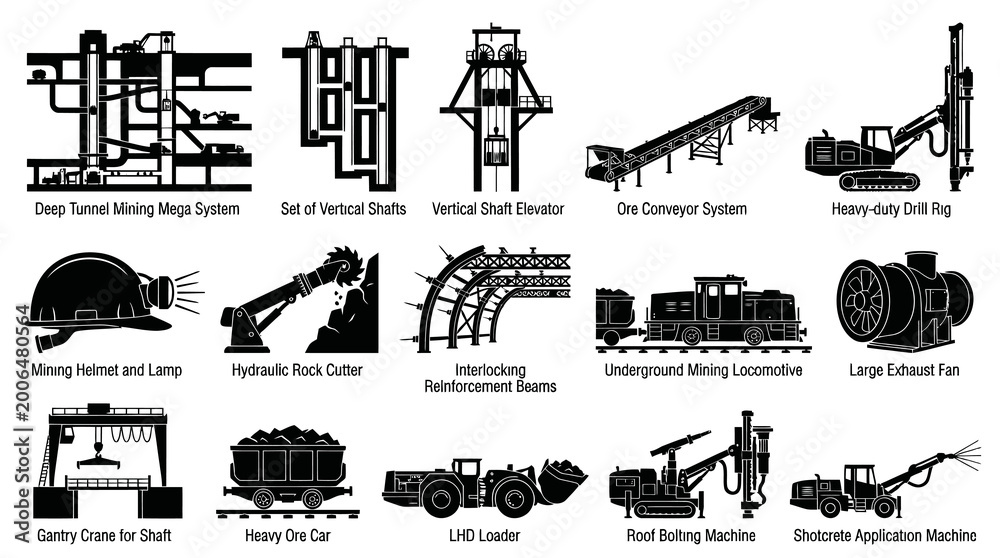 Obraz premium Mining Equipment Icons: Black White Vector Set for Industry