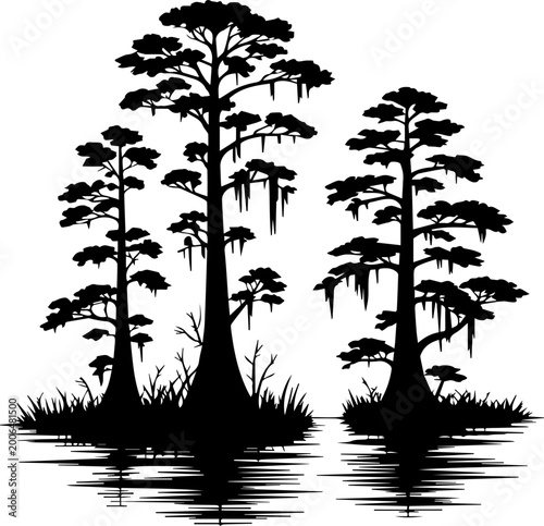 Black and White Silhouette of Cypress Trees in a Swamp Bayou Landscape with Water Reflections Vector Illustration