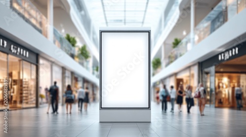 Blank digital billboard in a modern shopping mall with blurred shoppers walking by