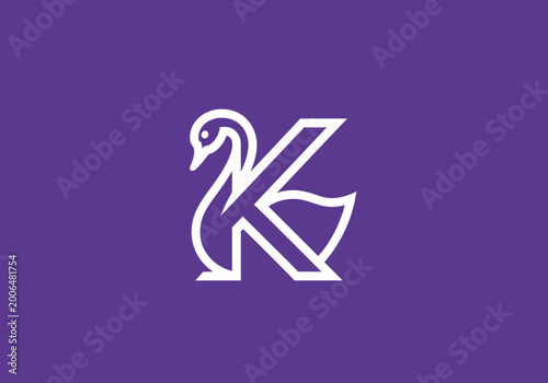 Obraz na plátně Minimalist white letter K and swan logo on purple background