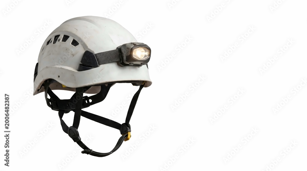 Fototapeta premium White hard hat with integrated headlamp for safety, construction, and adventure sports