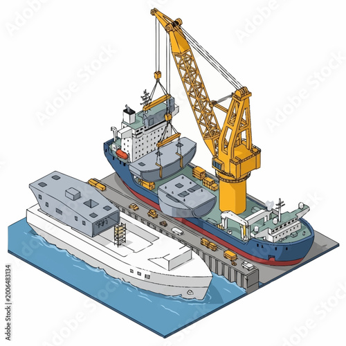 Φωτογραφία Cargo ship being loaded by a large yellow crane in a dry dock.