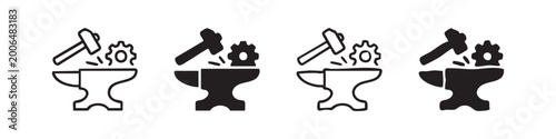 Foto Icons depicting a blacksmith's anvil with a hammer, gear, and sparks