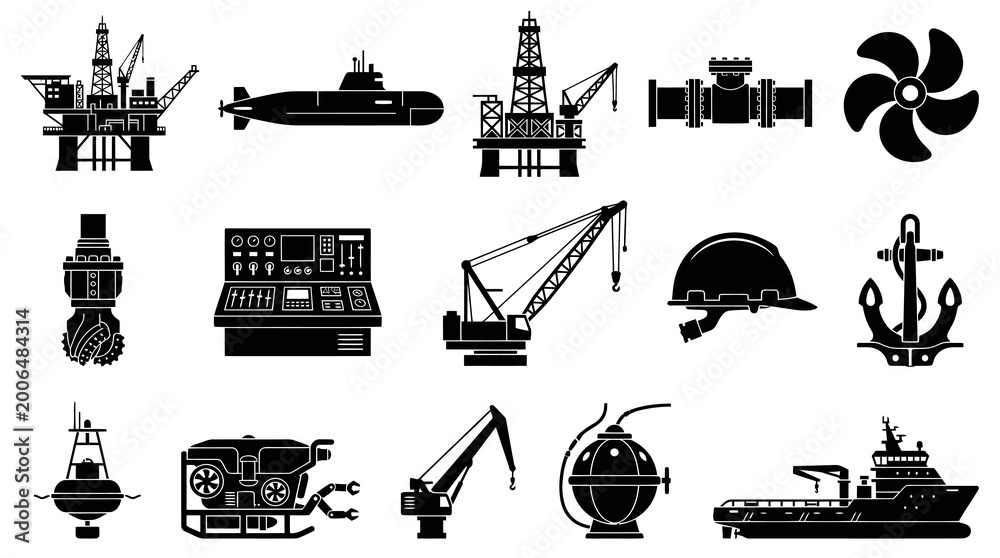 Fototapeta premium Offshore Oil Rig, Submarine, Crane, Anchor, Ship, Helmets, Props, Icons Set