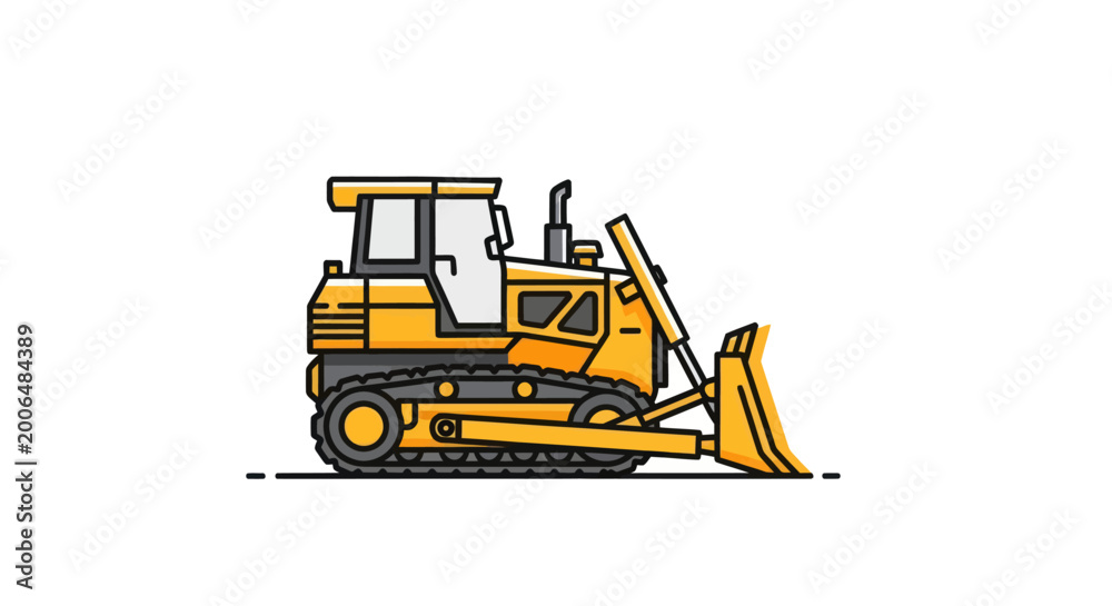 Obraz premium Yellow bulldozer with front blade and tracks, construction heavy machinery vector illustration