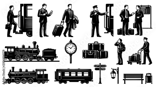Vintage Rail Travel Vector Icons Set: Passengers, Train, Luggage, Conductor  Station Elements in Engraving Style