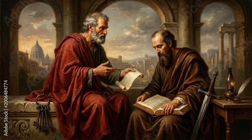 Saint Peter and Paul, esteemed apostles, engaging in scriptural discussion with ancient scroll and holy book, depicted amidst classic roman architecture.
