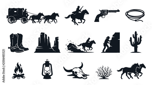 Western Vector Icons: Cowboy, Horse, Wagon, Cactus, Gun, Boots, Rope