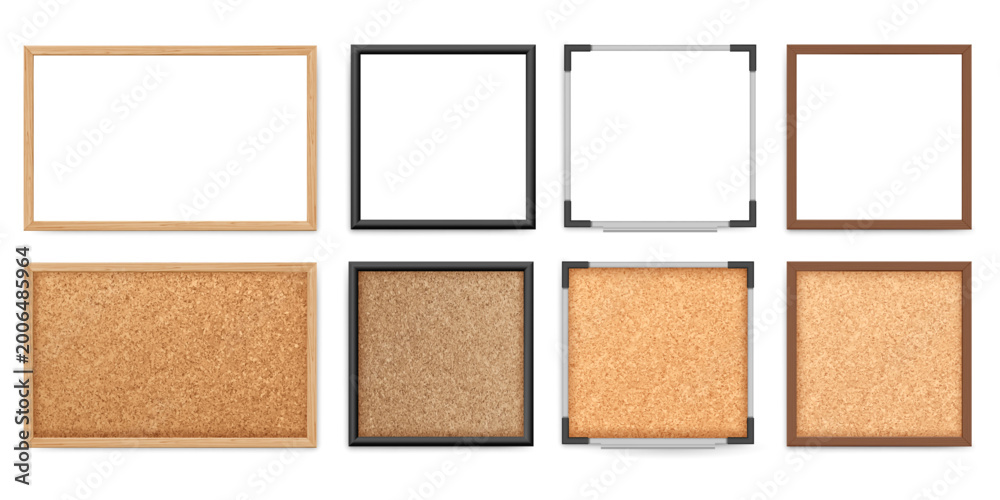 Fototapeta premium Empty frames and cork boards set in rectangular and square shapes. Vector planks for content in office or home environment. Wood, metal and plastic designs for presentation and decoration