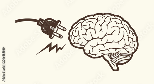 Tableau sur toile Vector Illustration of Human Brain with Electric Plug and Lightning Bolt Symbol