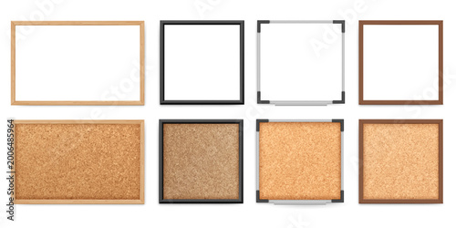 Empty frames and cork boards set in rectangular and square shapes. Vector planks for content in office or home environment. Wood, metal and plastic designs for presentation and decoration