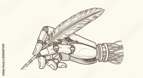 Photos Robotic Hand Holding a Feather Quill Pen in Vintage Engraving Style Representing