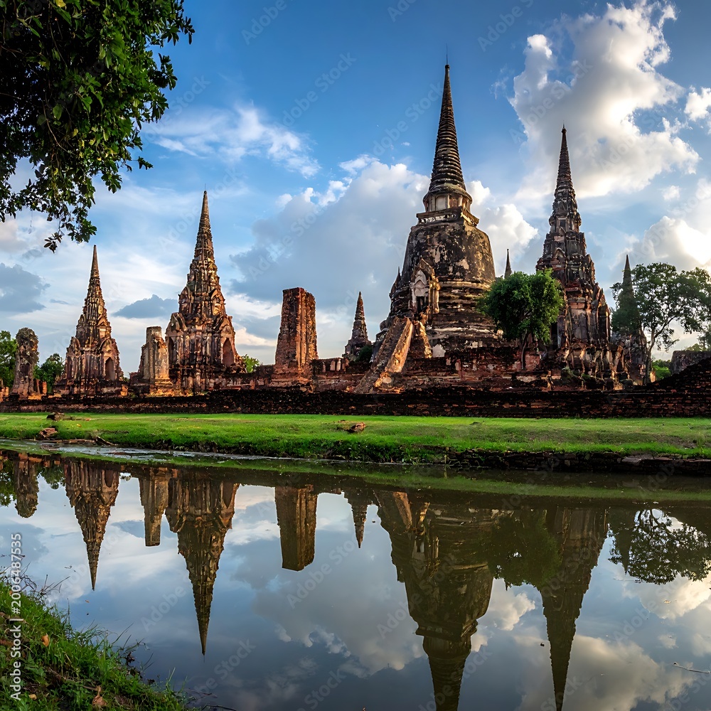 Fototapeta premium Ancient temple complex with spires reflected in calm water