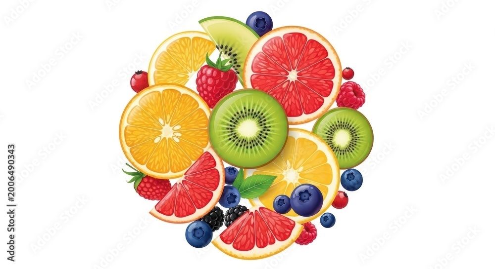 Naklejka premium Vibrant arrangement of fresh fruits colorful slices on white background