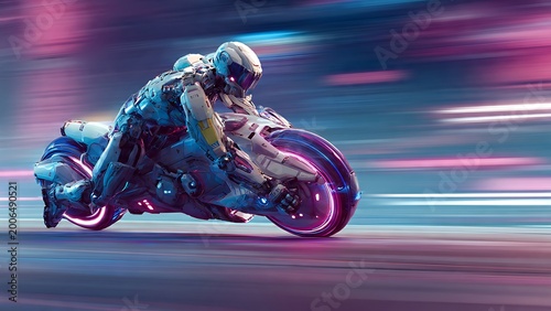 A futuristic rider maneuvers a glowing motorcycle at high speed, creating a dynamic sense of motion and speed, immersed in a visually stunning cityscape.